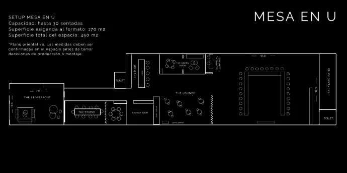 Mesa en U — reunión hasta 30 pax (170 m²) | Factor Barcelona Plano Mesa en U — hasta 30 personas, 170 m² en Factor Barcelona