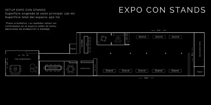 Expo con stands — distribución de puestos en salón | Factor Barcelona Plano Expo con stands — salón principal 230 m² en Factor Barcelona