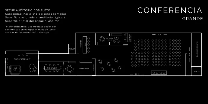 Conferencia grande — auditorio 130 pax (230 m²) | Factor Barcelona Plano Auditorio Grande — hasta 130 personas, 230 m² en Factor Barcelona