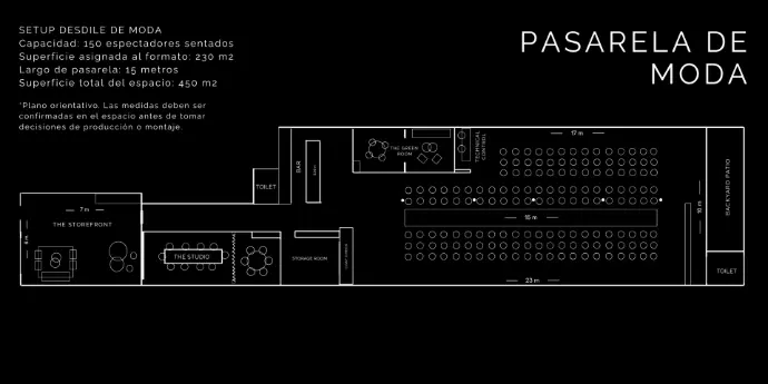 Plano Pasarela de moda — 150 espectadores, pasarela 15 m, 230 m² en Factor Barcelona