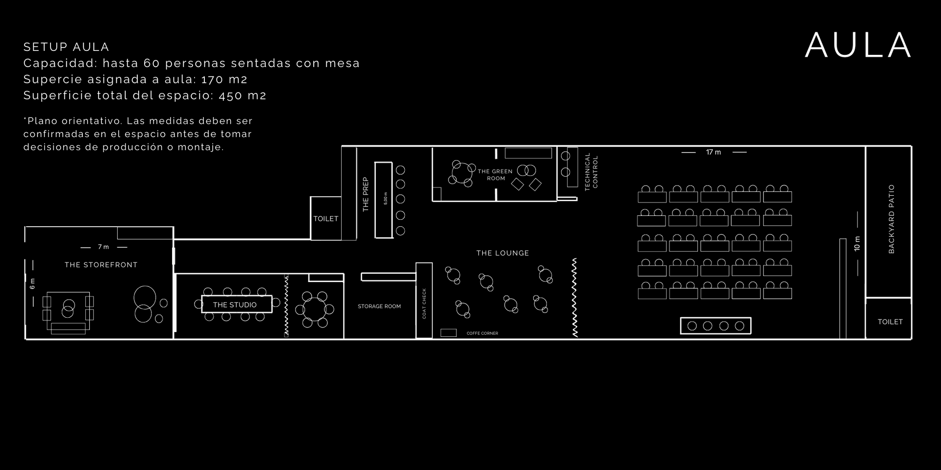 Aula — setup con mesas para 60 pax (170 m²) | Factor Barcelona Plano Aula con mesas — hasta 60 personas, 170 m² en Factor Barcelona