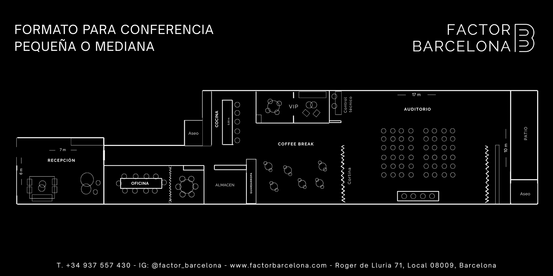 Conferencia pequeña o mediana — auditorio 30–50 pax (150 m²) | Factor Barcelona Plano auditorio pequeño/mediano en Factor Barcelona — 30–50 personas, 150 m²