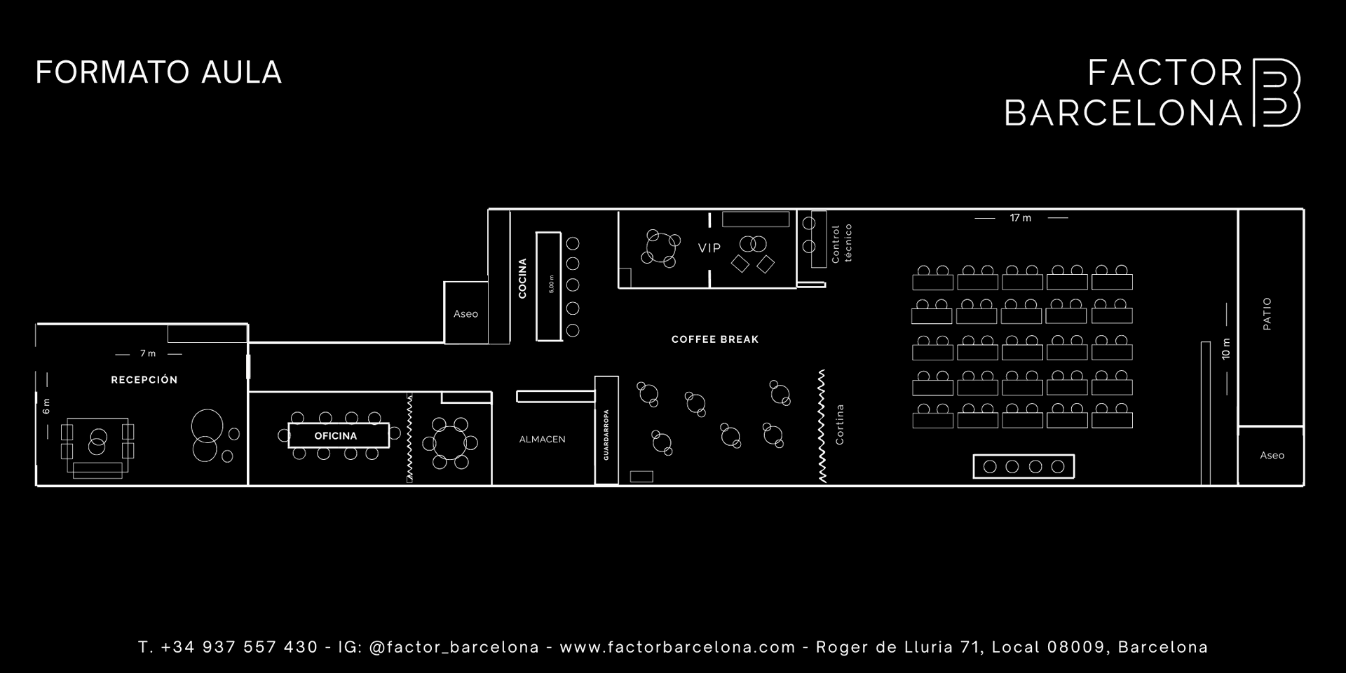 Aula — setup con mesas para 60 pax (170 m²) | Factor Barcelona Plano Aula con mesas — hasta 60 personas, 170 m² en Factor Barcelona