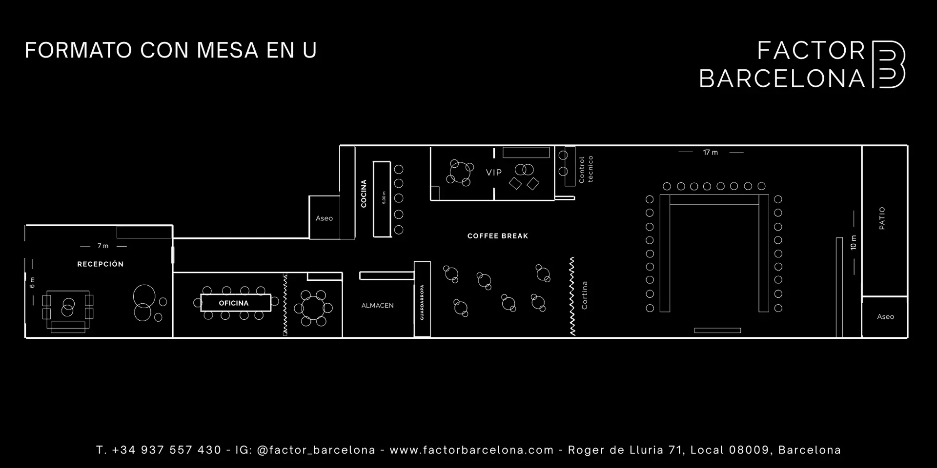 Mesa en U — reunión hasta 30 pax (170 m²) | Factor Barcelona Plano Mesa en U — hasta 30 personas, 170 m² en Factor Barcelona