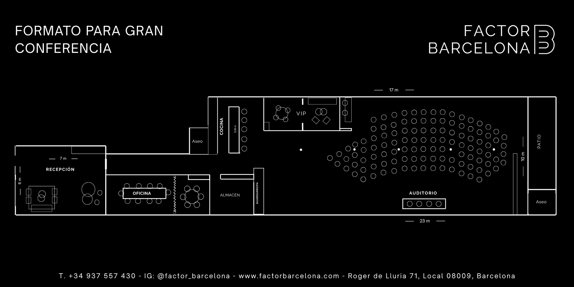 Conferencia grande — auditorio 130 pax (230 m²) | Factor Barcelona Plano Auditorio Grande — hasta 130 personas, 230 m² en Factor Barcelona