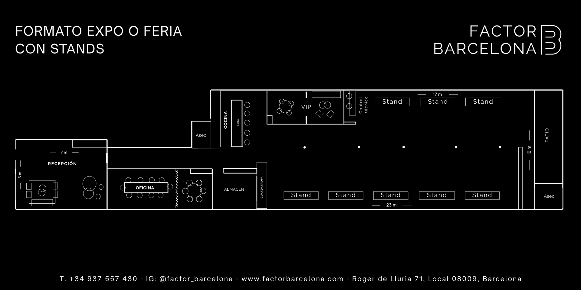 Expo con stands — distribución de puestos en salón | Factor Barcelona Plano Expo con stands — salón principal 230 m² en Factor Barcelona