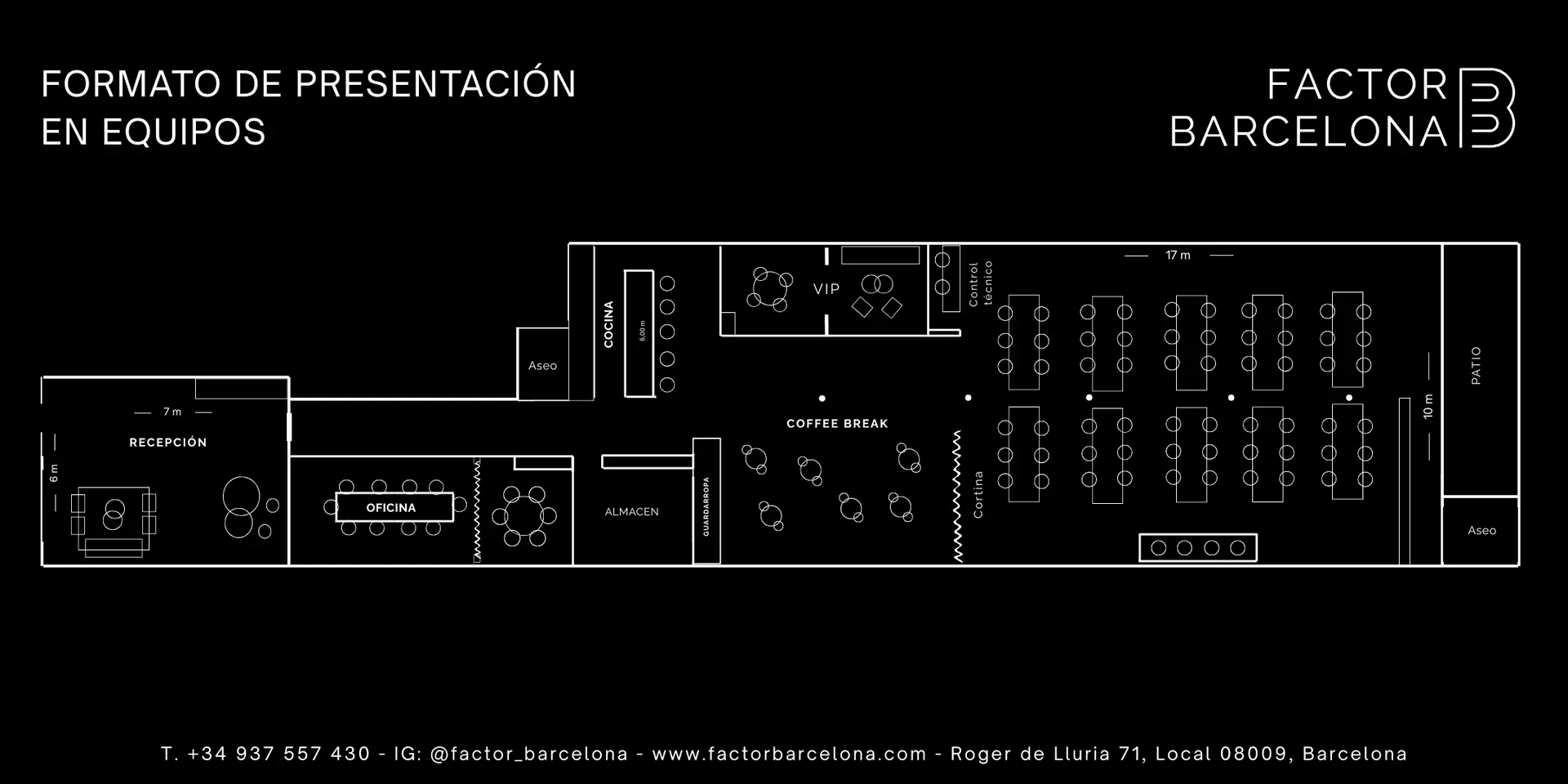 Formación en equipos — mesas rectangulares + proyección | Factor Barcelona Plano Mesas rectangulares con proyección — 60 personas, 170 m² en Factor Barcelona