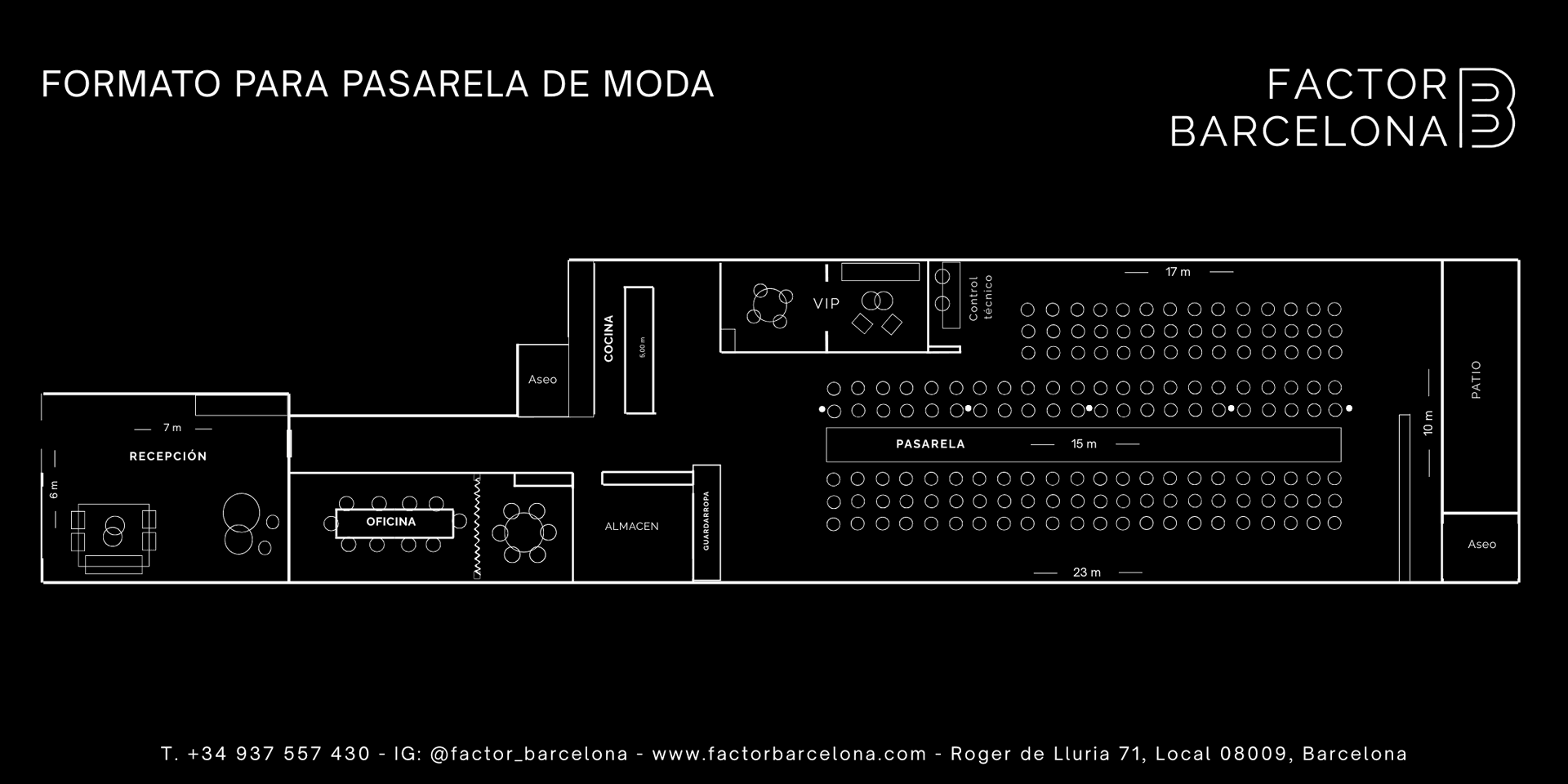 Plano Pasarela de moda — 150 espectadores, pasarela 15 m, 230 m² en Factor Barcelona